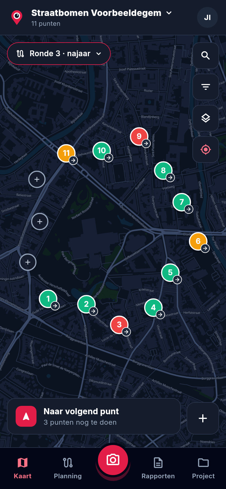 De kaart in PhotoMap Pro met de inspectiepunten van een controle