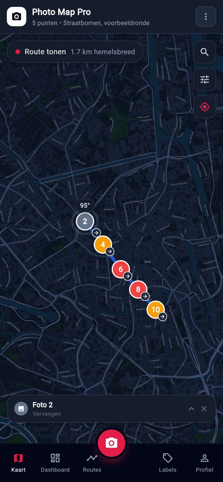 De kaart in PhotoMap Pro met de inspectiepunten van een boomcontrole